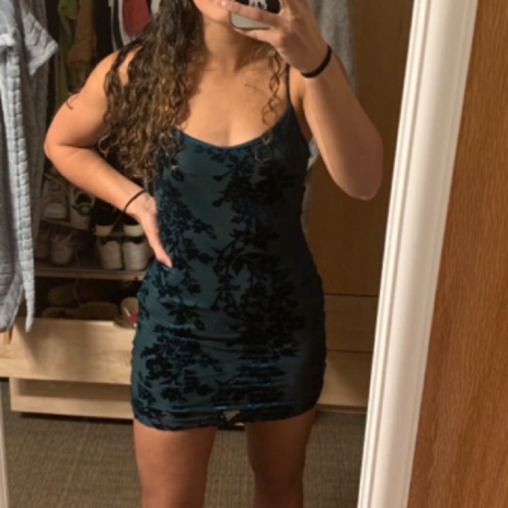 Emerald green and black floral bodycon dress